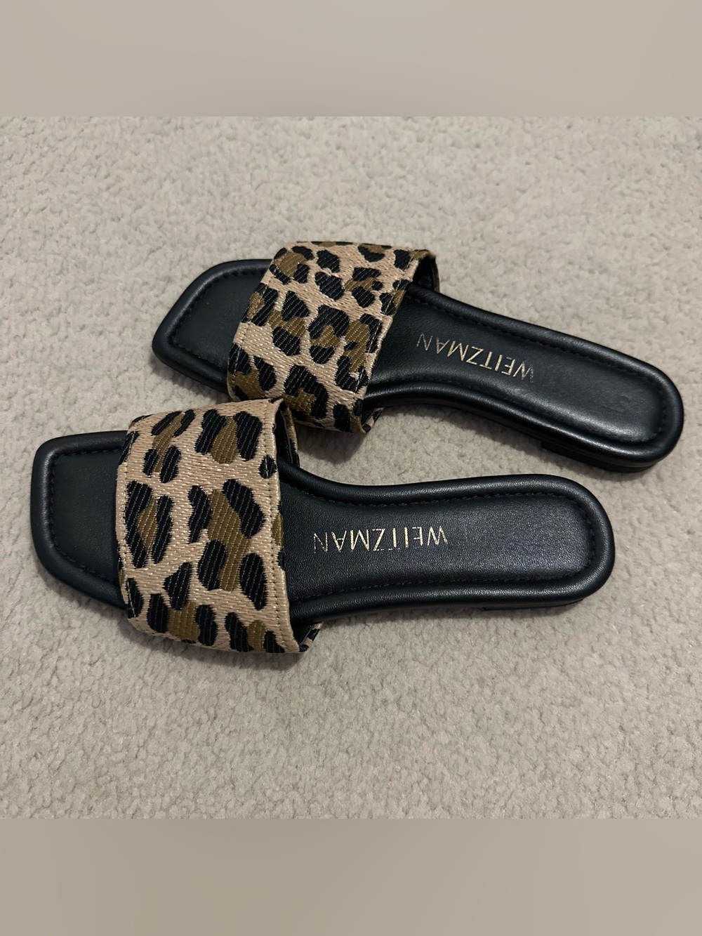 Stuart Weitzman Leopard-Print Slide Sandals in Tan/Black